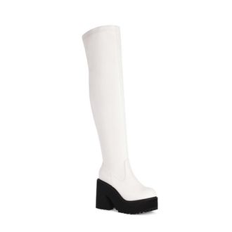Generic Womens Chunky Sole Thigh-High Boots with Side Zip,Platform & Elastic Fit,White,1.5 UK