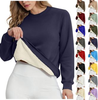 Generic Womens Fleece Lined Top Warm Sweatshirts Thermal Jumpers Solid Color Crewneck Sweater Long Sleeve Pullover Thick Ladies Jumper Casual Loose Fit Cozy W