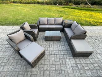 Fimous Patio Garden Furniture Sets Wicker Outdoor Rattan Furniture Sofa Sets with Rectangular Coffee Table Loveseat Sofa in Dark Grey