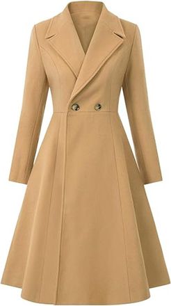 Generic Womens Winter Double Breasted Trench Coat Notch Lapel Collar Wool Blend Pea Coat Swing A Line Long Overcoat (Camel,XXL)