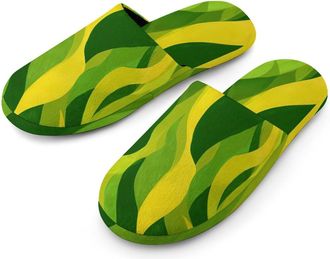 Generic Green Lemon Yellow Wave Geometry Mens House Slippers Slip Indoor Slipper On Shoes Warm Outdoor