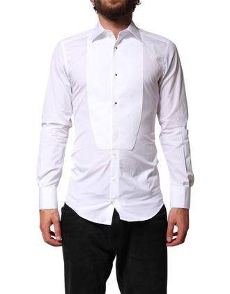 Dolce & Gabbana White Cotton GOLD Collared Dress Bib Formal Mens Shirt