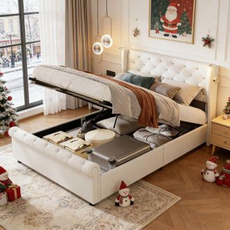 OEM Cama Lit Coffre 140x190 Con Somier, Pocketpop, Cama 140x190 Con Almacenamiento, L&aacute;mpara De Noche, Terciopelo, Beige