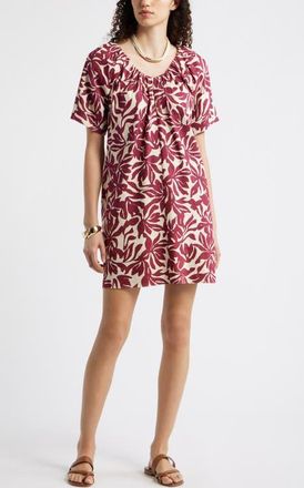 Nordstrom Shirred Linen Blend Minidress in Beige- Burgundy Fira Bloom at Nordstrom, Size Xx-Large