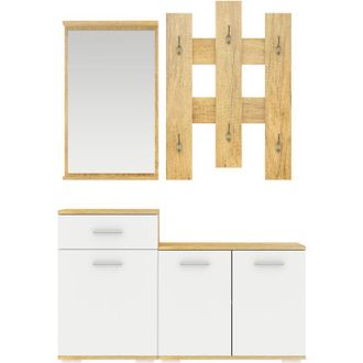 HOMCOM Homcom - Set da Ingresso 3in1 con Appendiabiti a Muro, Panca Scarpiera e Specchio
