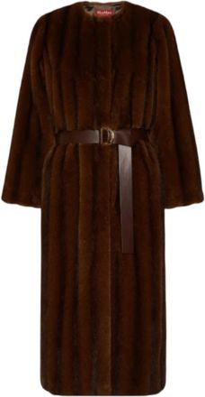 Max Mara Lange Namaakbontjas - Dames - Jas met riem - Bruin - S - Polyester - Jassen