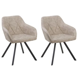 Beliani Conjunto De 2 Sillas De Comedor De Tela Beige Con Reposabrazos Respaldo Acolchado Patas Met&aacute;licas Negras Retro Monee