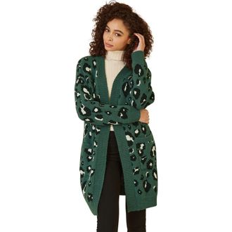 Yumi Animal Intarsia Knit Long Cardigan in Green at Nordstrom, Size Medium