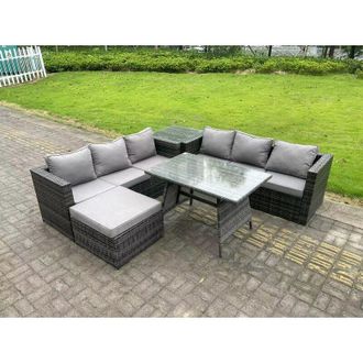 Fimous 7 Seater Rattan Garden Dining Set Outdoor Furniture Sofa with Dining Table Big Footstool Side Table Dark Grey Mixed - Fimous