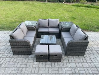 Fimous 8 Seater Outdoor Garden Furniture Sets Wicker Rattan Furniture Sofa Sets w/ Square Coffee Table Love seat Sofa 2 Small Footstools Side Tables