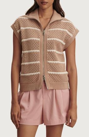 Varley Haney Stripe Pointelle Knit Zip Front Sweatshirt in Light Taupe at Nordstrom, Size X-Large