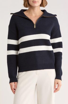Elie Tahari Stripe Quarter Zip Sweater in College Navy/Ivory at Nordstrom Rack, Size X-Small