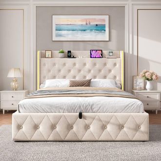 Merax 4ft6 Double Upholstered Storage Bed Frame with LED, Charging Station in Beige