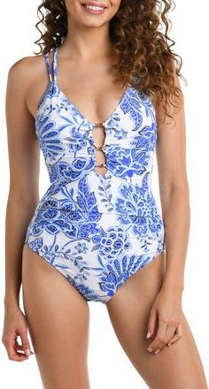La Blanca Beyond Lace-Up Underwire One-Piece Swimsuit in Blue at Nordstrom Rack, Size 14