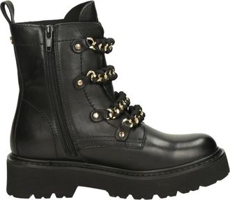 Cult Enkelboot met Kettingen en Veters - Dames - Veterlaarzen - Zwart - 37 EU - Leer - Schoenen