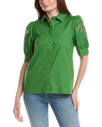 T Tahari Embroidered Sleeve Linen-Blend Blouse