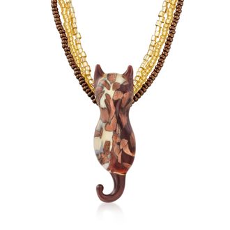 Ross-Simons Italian Brown and Gold Murano Glass Bead Cat Necklace With 18kt Gold Over Sterling