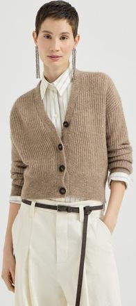 Brunello Cucinelli Mohair, cotton and wool Diamond yarn English rib cardigan in Light Brown at Nordstrom, Size Xxx-Large