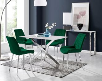 Furniturebox Leonardo White Glass Marble Effect Silver Leg Table & 4 Pesaro Silver Chairs in Green