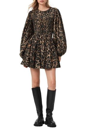 AllSaints Chia Smock Bodice Long Sleeve Cotton Blend Minidress in Prowl Golden Brown at Nordstrom, Size 10 Us