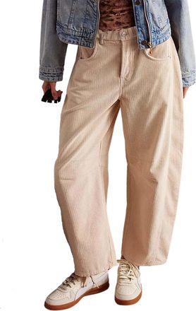 Generic Womens Corduroy Pants Barrel Mid-Rise Elastic Waist Cord Pants, Casual Baggy Comfy Wide Leg Corduroy Pants with Pockets (Beige,XL)