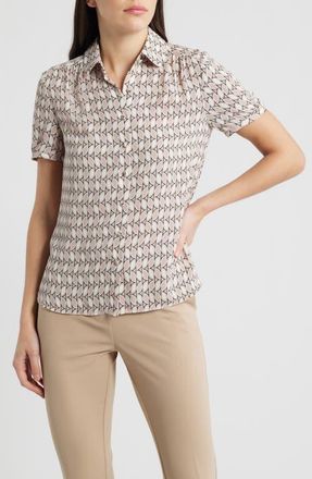 Anne Klein Shirred Short Sleeve Button-Up Shirt in White Dove Multi at Nordstrom, Size X-Small P