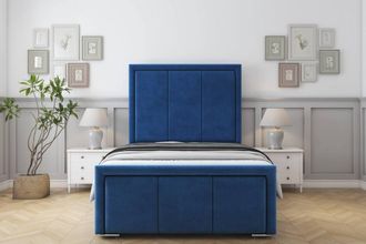 Sloomy Lancaster Plush Bed Frame With 50 Upholstered Headboard in Navy | Size: Double