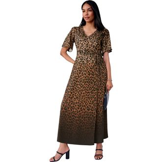 Jessica London Flutter Sleeve Wrap Maxi Dress in Neutral Gradient Cheetah at Nordstrom, Size Large