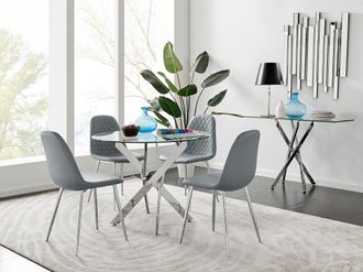 Furniturebox Novara Clear Tempered Glass 100cm Round Dining Table with Chrome Starburst Legs & 4 Corona Faux Leather Silver Leg Chairs in Grey