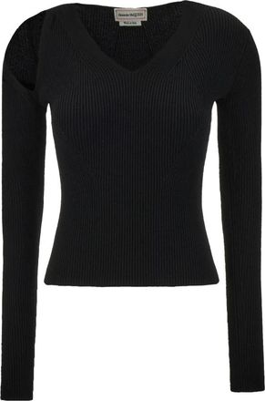 Alexander McQueen Cut-Out Ribgebreide Sweater met V-hals - Dames - V-hals truien - Zwart - M - Wol - Truien & Vesten