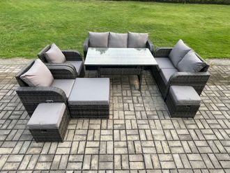 Fimous Dark Grey PE Wicker Rattan Garden Furniture Set Reclining Chair Love Sofa 2 Seater Sofa Set Outdoor Rectangular Dining Table 3 Footstools