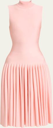 Alaia High-Neck Pleated Knit Midi Dress