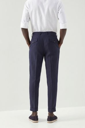 Brunello Cucinelli Linen Pleated Tapered Trousers - Navy