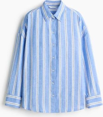H&M Oversized Linen-blend Shirt in Blue/striped at Nordstrom, Size Xx-Large
