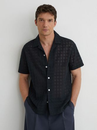 Reiss Navy Cotton-blend Crochet Tile-pattern Shirt, Xxl