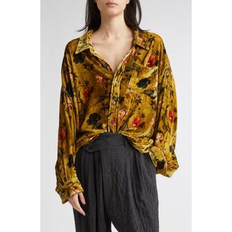 R13 Drop Neck Oversize Floral Velvet Button-Up Shirt in Ochre Floral at Nordstrom, Size Small