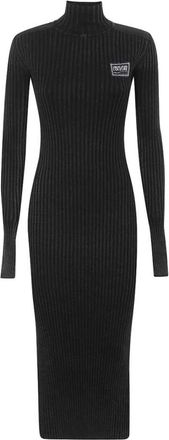 Versace Jeans Couture Geribbelde Gebreide Jurk met Logo Patch - Dames - Kleedjes - Zwart - L - Katoen - Kleedjes