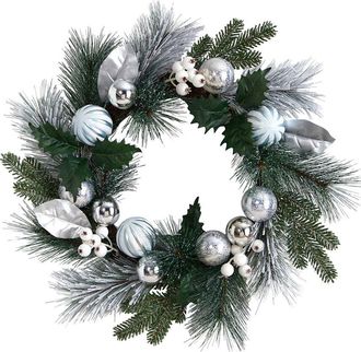 Nearly Natural 24In Pinecones And Berries Christmas Artificial Wreath With Silver Ornaments