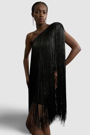 Karen Millen Asymmetric Draped Fringe Mini Dress in Black at Nordstrom, Size X-Small