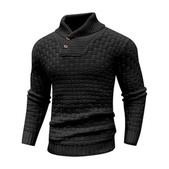Generic Mens Winter Jumpers Warm Knitted Stand Collar Jumper Long Sleeve Knitwear Pullover Sweaters for Men Buttons Twisted Winter Tops (Black, L)