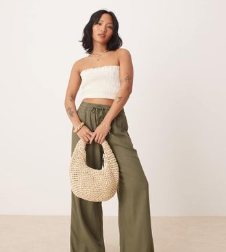 Jacqueline de Yong wide leg linen pants in khaki-Green