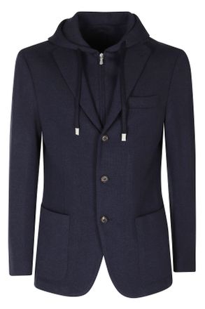 Eleventy Blue Single-Breasted Hooded Wool Jacket