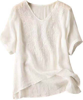 Generic Medium Tunic Womens Cotton Linen Short Sleeve V Neck Loose Embroidered Top Womens Pan Blouse (White, XXXXL)