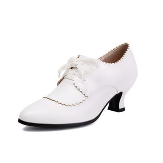 Generic Womens PU Leather Lace-Up Pumps Pointed Toe Low Stiletto Heel Scalloped Edge Lace Bow Decoration Soft Lining Reinforced Stitching Stylish Shoes,White,