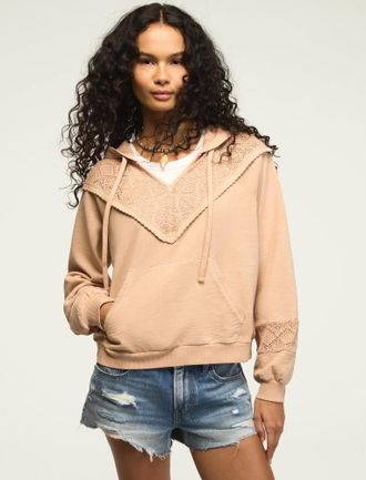 Lucky Brand Womens Crochet Yoke Fleece Hoodie