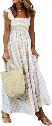 Generic Womens Retro Plaid Smocked Flounce Long Dress, A-Line Smocked Maxi Long Dress with Ruffled Hem (Beige,M)