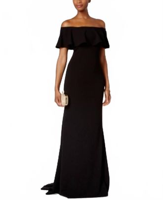 Adrianna Papell Ruffled Off The Shoulder Gown In Black