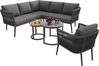 STILVORA Conjunto De Jard&iacute;n De 6 Plazas En Metal Y Olefinas Con 2 Mesas, 3 Sof&aacute;s, Sill&oacute;n Y Cojines Gruesos Fijos, Gris