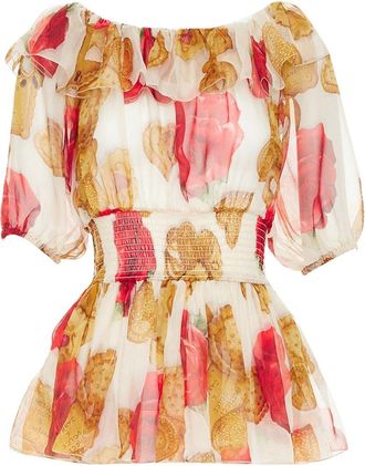 Dolce & Gabbana 2018 Silk Cookie Rose Smocked Top, Size It 38 (Authentic Pre- Loved)