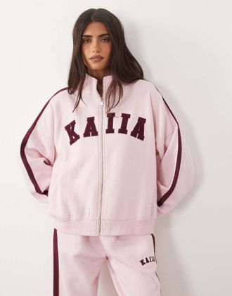 KAIIA felpa oversize con zip, collo alto, ricamo logo, in misto cotone, coordinato, rosa baby e bordeaux
